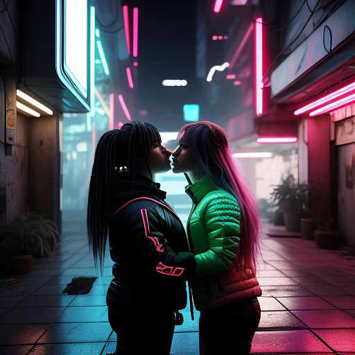 Messi and ronaldo kissing
 in cyberpunk style