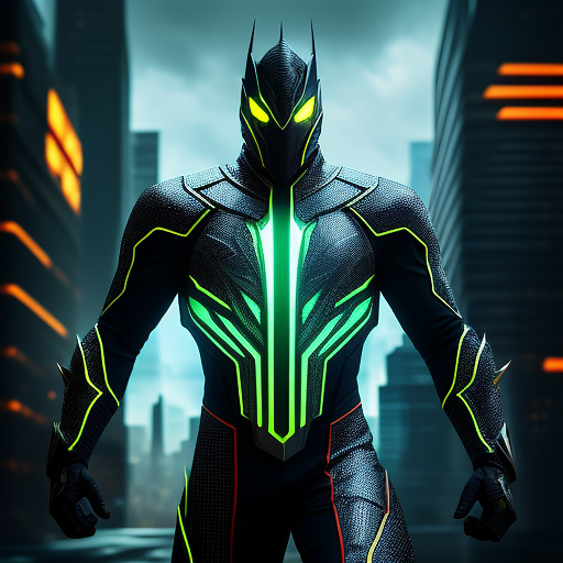 Comic book style villain in glowing glass suit  in sci-fi style
