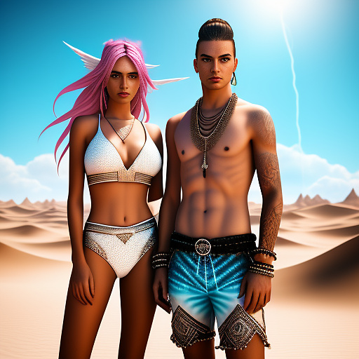 Girl wear white bikini and stand next to her boyfriend in desert in angelcore style