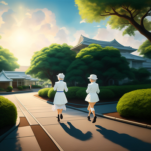 Two old ladies running into the sunset chased by a doctor in a white suit  in anime style