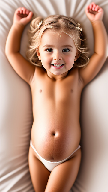 Realistic, detailed, 4-year-old blonde girl, pregnant, tan wedding outfit, showing belly, laying in bed, top down full body view, red blush, tan skin, mouth open, milk  in custom style