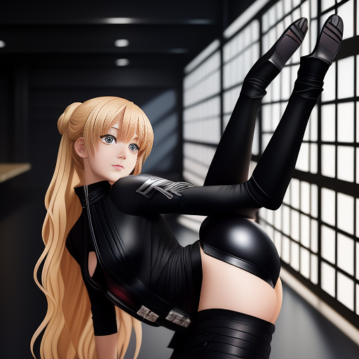 A sith lady with blonde hair, wearing a black costume, stomps her foot on darth vader. in anime style