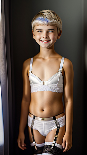  white, blonde, very cute, girl 12 years old, buzz hair cut, lace bra, smiling, garter belt, in custom style