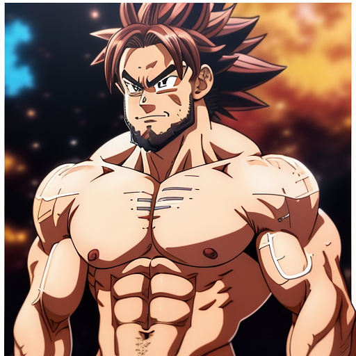 Muscle bara stud
huge pecs
huge chest
long light brown hair
beard 
no nipples
dragon ball z art style in anime style