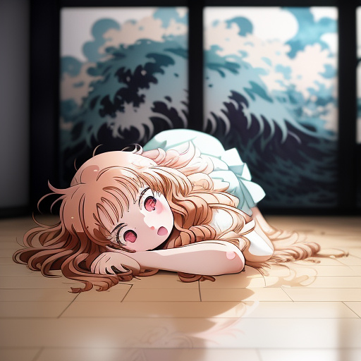 Girl curled up on the floor wailing in pain turning into a wolf in anime style