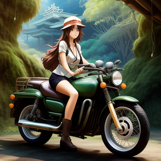 A woman in the jungle on a motor in anime style