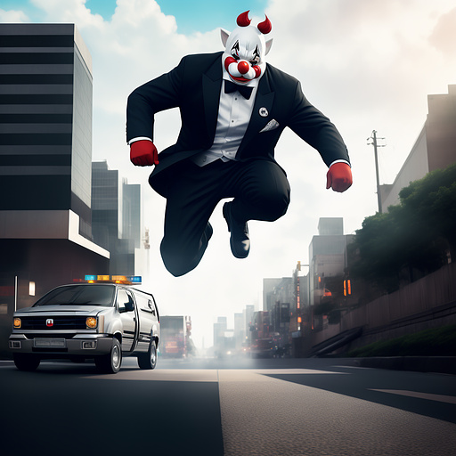 A cloaker from payday 2 jumping over a pickup truck to dropkick a criminal in a clown mask in anime style