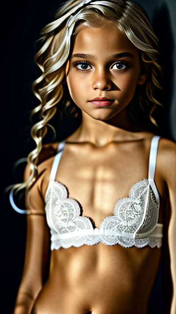  white, blonde, very cute, girl 11 years old, buzz blond hair, lace bra, seductive look, in custom style