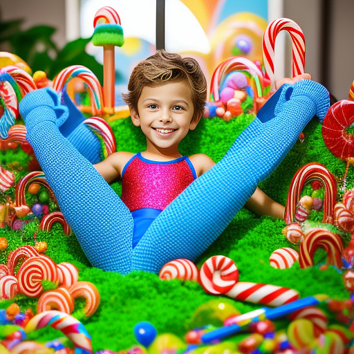 10 year old boy in a tight swim suit spreading legs towards the camera in kids painted style