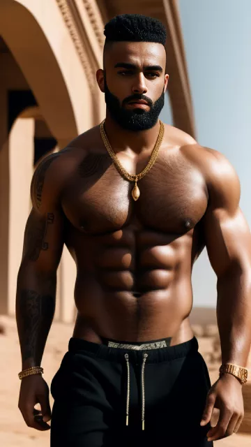 Bald skinhead tim gabel muslim arab black full beard extremely hairy chest toxic masculine alphamale thug arabic tattoos wearing thight tanktop sweatpants pumped ripped swollen muscles gold chains bracelets showing off desert in egypt style