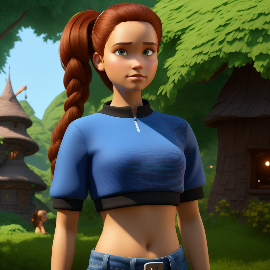 A 14 year old girl with crop top and a big belly button  in disney 3d style