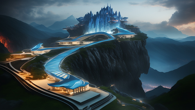 A blue scaled dragon climbing a castle on top of a mountain breathing fire on village below in design of the future style