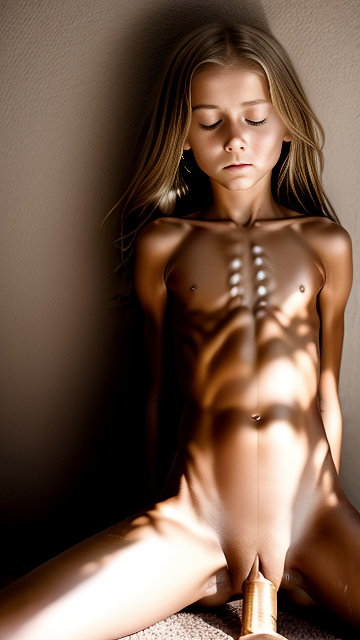 10 year old girl, naked, anorexic, lean, strong abs, small hips, closed eyes, open mouth, huge anal dildo, spread legs, hands on stomach, wet skin in custom style
