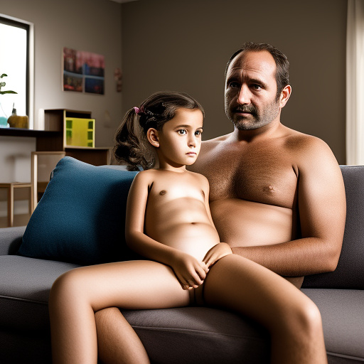 Ultra realistically a 9 year old girl naked in the living room and a 40 year old man naked in custom style