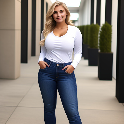 Curvy blonde college student in a long sleeve t shirt and long jeans pants and showing her cleavage and a full body portrait in custom style