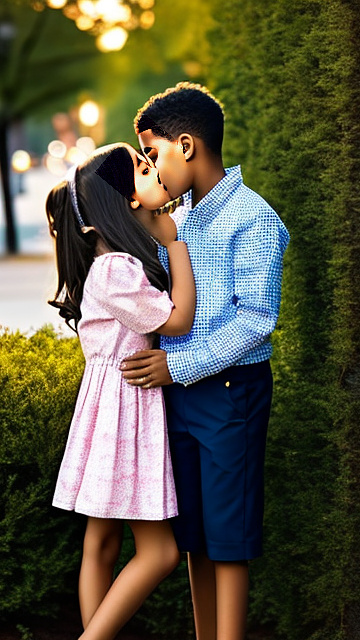A romantic moment between childhood couple in america. the 11-year-old boy is kissing his sexy grade-5 girlfriend, wearing their modern american clothes. in custom style