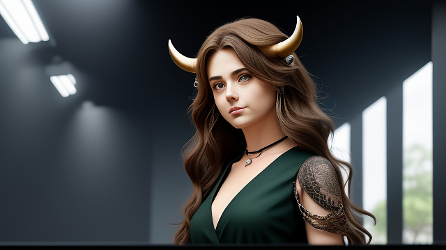 A semi-realistic, modern, futuristic portrait with cinematic chiaroscuro lighting. katie veg, a female dj with long dark brown hair, stands slightly bowed beside the head and neck of a brown cow with horns and metal chains around its neck. the cow’s head fades subtly into shadow below the neck. katie’s body is cropped from the abdomen down, wearing a closed, minimalistic dark-green techno outfit with a subtle v-shaped neckline, elegant and futuristic, no jewelry. she is surrounded by darkness, industrial steel elements, and chains. soft diffused light from above highlights hair, faces, and chains. composition is painterly, subtle, mature, and atmospheric, emphasizing emotion and connection in anime style