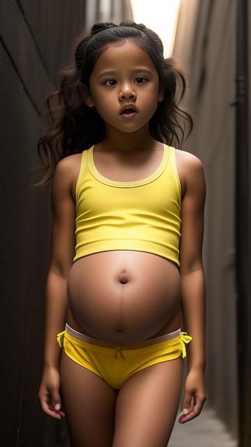 Pregnant, 7 years old, jenna ortega, yellow panties, yellow tank top, alleyway, screaming in pain in custom style