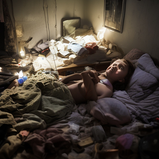A 13-year-old girl lies on a bed in a dark room and cries. the room is dark, smoky and a mess, the bed is broken. there is an ashtray with an outstanding cigarette on the table. in custom style