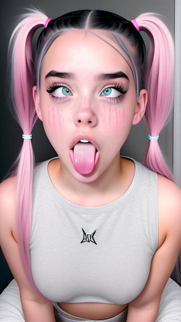 Billie eilish with her hair in pigtails, doing the ahegao facial expression. in custom style