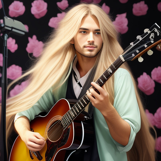 An attractive singer playing his guitar in a concert, long blond hair, light green eyes, amazing expression on his face, audience throws black roses in anime style