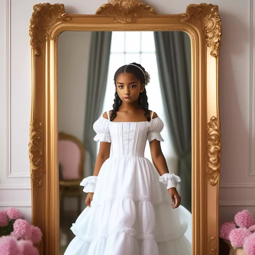 A 14 year old girl fixing her hair in front of a full length mirror dressed in a white  victorian dress in disney painted style