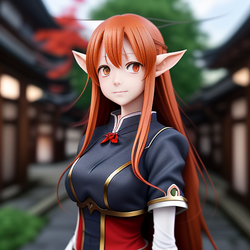 Red haired high elf girl anime that is short with a small bust size  in anime style