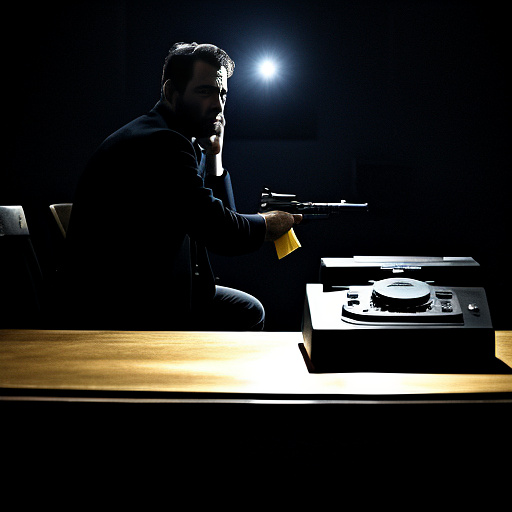 In a dark room, there is a telephone and a gun on the table. a man is sitting on a chair, and he is dead. in custom style