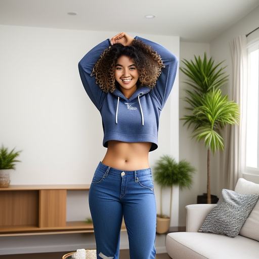 Sexy asian college student with large boobs and her arms up and curly hair and in a long sleeve cropped hoodie and jeans pants and showing her belly and her legs and standing in the living room and full body picture in custom style
