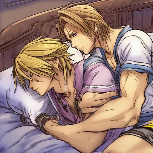 Final fantasy x tidus (male) and yuna (female) on bed kissing in anime style