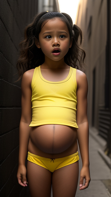 Pregnant, 7 years old, jenna ortega, yellow panties, yellow tank top, alleyway, screaming in pain, crying  in custom style