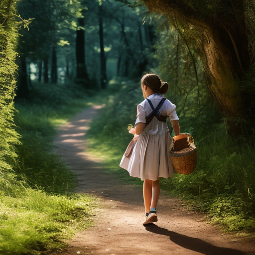 A 9-year-old girl is walking along a forest path. it's evening. she has a basket in her hand. view from behind. in custom style