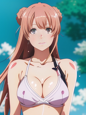 Hot e-girl, front facing, large chest, in anime style