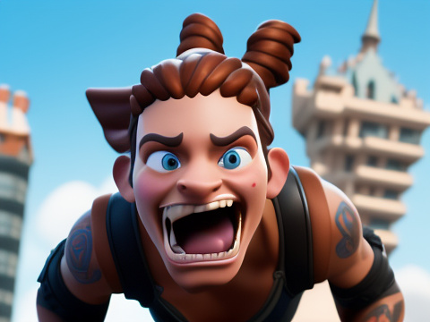 Fortnite characters interacting in a detailed scene with building structures, weapons, and additional elements in disney 3d style