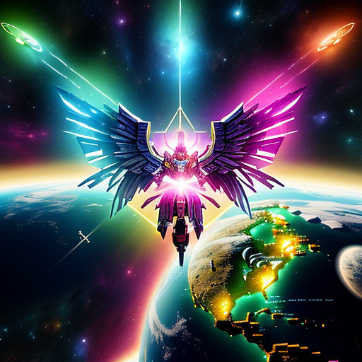 A cheerful transformer flies through space against the backdrop of planets. in angelcore style
