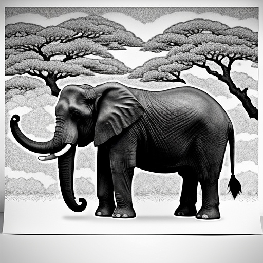 Big elephant in black and white for colouring in. make the elephant just with an outline with no shading or colour
 in anime style