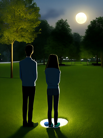 A 20 year old and 17 year old brother and sister, standing in a high tech city park looking up at a beautiful moon in the year 2047.
 in custom style