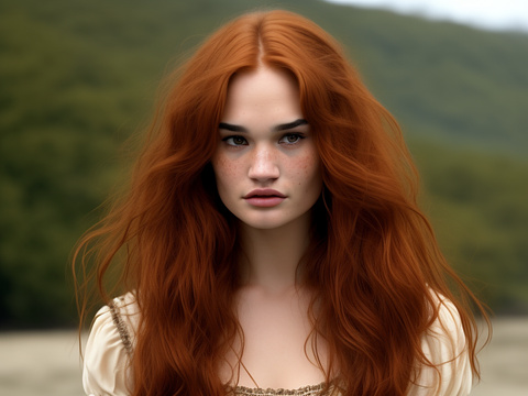 Someone who looks a lot like lily james who is 19 years old with long auburn hair and freckles in custom style
