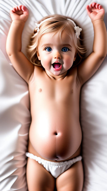 Realistic, detailed, 3-year-old blonde girl, pregnant, white wedding outfit, showing belly, laying in bed, top down full body view, red blush, dark skin, mouth open,  in custom style