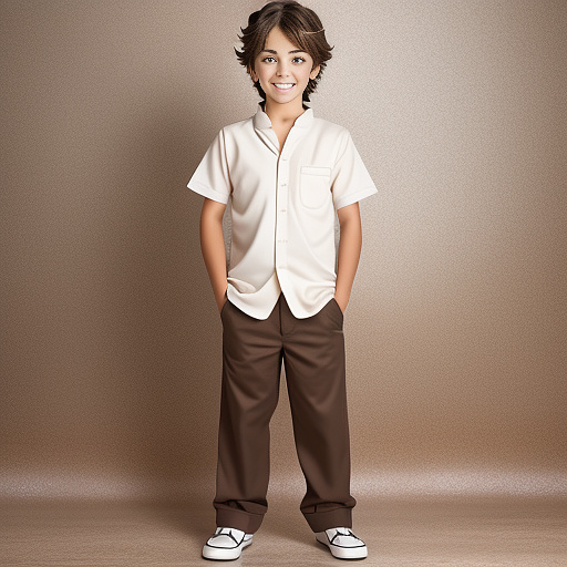 A full body portrait of a cute six-year-old boy with hazel eyes and unkempt brown hair in anime style