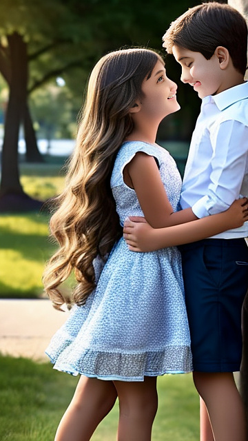 A romantic moment between childhood couple. the grade-6 boy is groping the hips of sexy grade-6 girl with sexy clothes. side view. in custom style