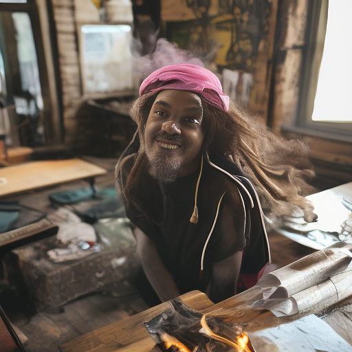 A black rastafarian is sitting on a worktable, smiling happily and smoking. the room is smoky. he's wearing a pink cap. in custom style