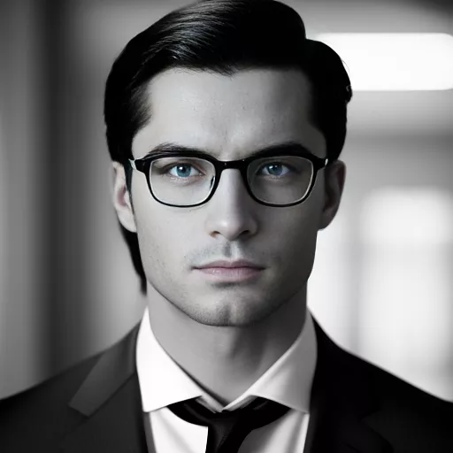 Nerdy sexy man with side part haircut with glasses but with muscles too in a suit jacket  in bw photo style