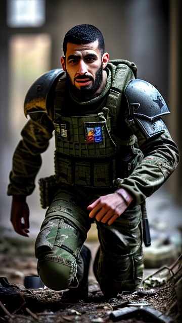 An injured, cruel looking 25 year old arabic male space marine in torn and shredded combat fatigues. in angelcore style