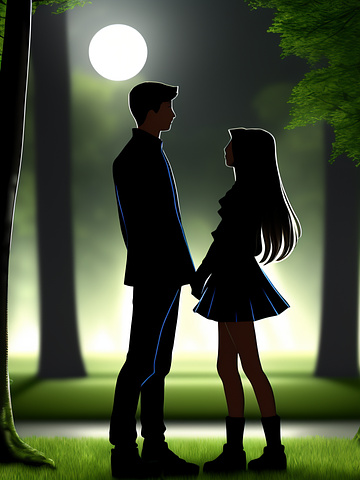 A 20 year old male and a 17 year old female, standing in a high tech city park looking up at a beautiful full moon.
 in angelcore style