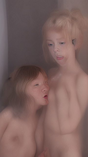 A 9-year-old naked girl is sucking another girl's breast. in custom style