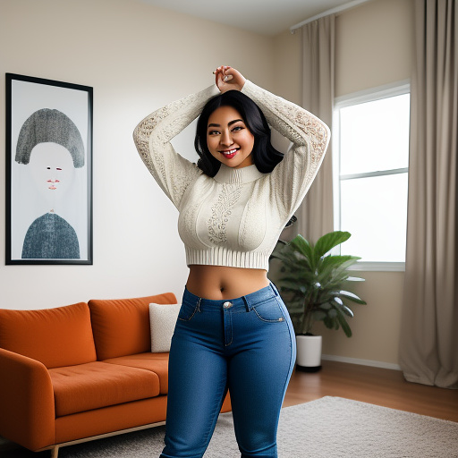 Curvy asian college student with her arms up in a loose long sleeve cropped lace sweater and long jeans pants and showing her belly and full body portrait and in the living room in custom style