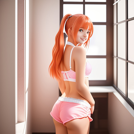 Little young girl whit twin tail in shorts and swim bra, smile while show her in pink and orange hair at side on her shoulder, tiny stature and round eyes , doing a pose that curve her body, exposing her thighs and greet on camera.
in a room whit a window on a corner in anime style