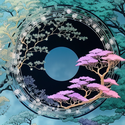 A tree branch.
 the branch is circle. some purple ivy flowers are wrapping the branch. a peacock is inthe center of picture in anime style