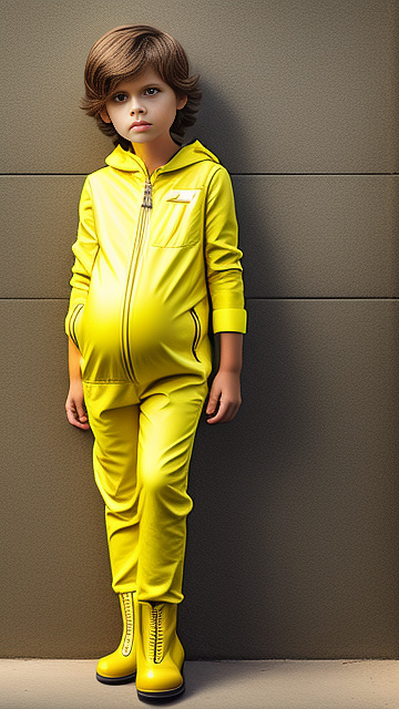 Realistic, detailed, pregnant, 7 years old boy, yellow jumpsuit, yellow boots,  in custom style